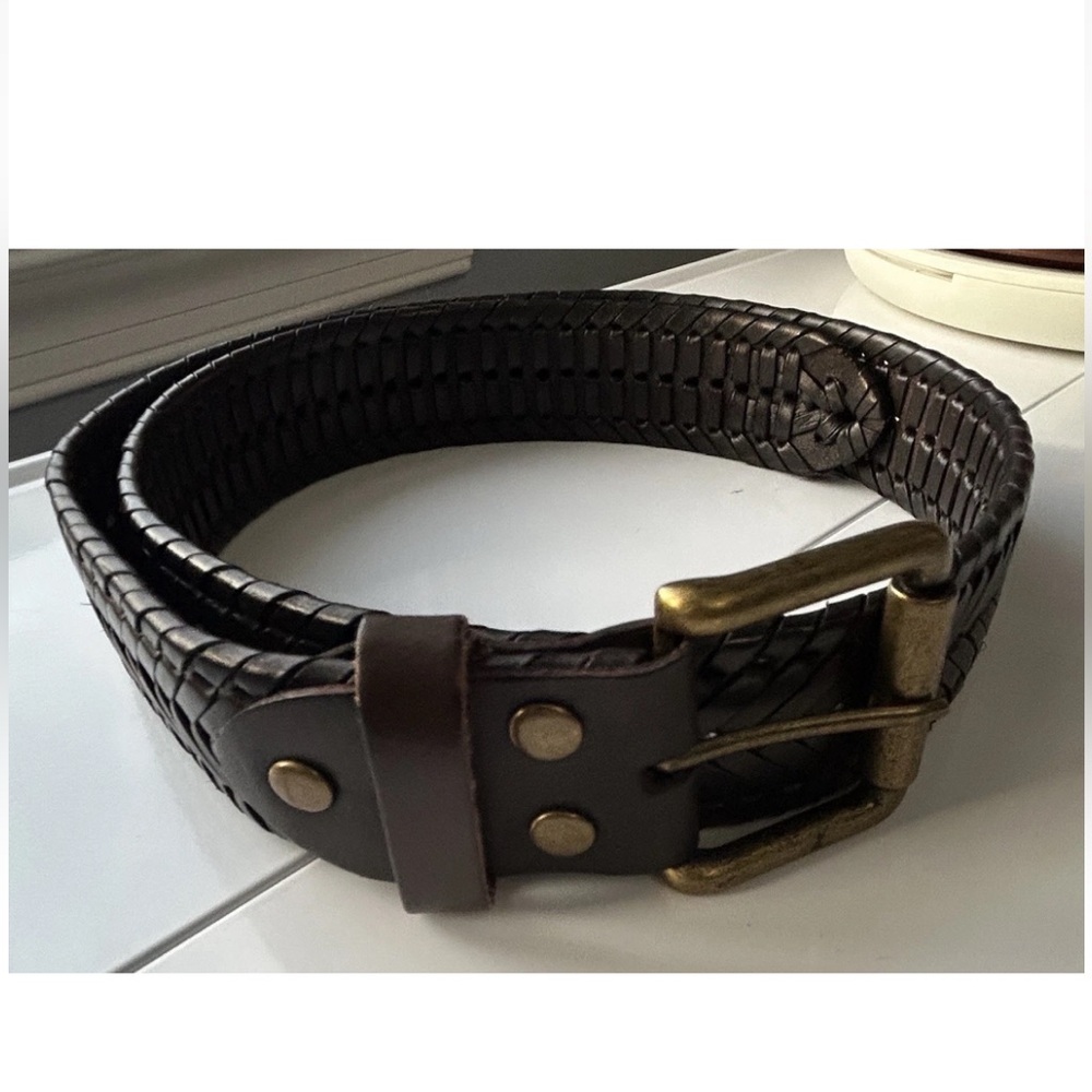 Banana Republic Men Small Dark Brown Woven Leather Belt Brass Buckle Casual